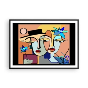 Affiche dans un cadre noir - Poster - Portraits cubistes aux couleurs vives avec un motif floral - 100x70cm - Le Rendez-vous de Picasso - Décoration murale moderne pour le salon et la chambre ARTTOR