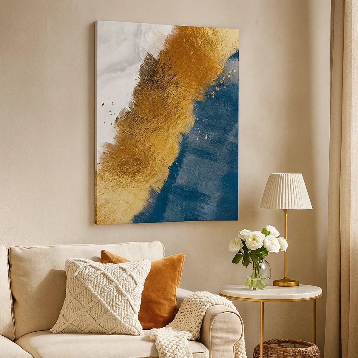 Impression sur toile - Image sur toile - Une composition abstraite dans des tons d'or, de bleu et de blanc. - 50x70cm - Les couleurs de l’été - Décoration murale moderne pour le salon et la chambre ARTTOR