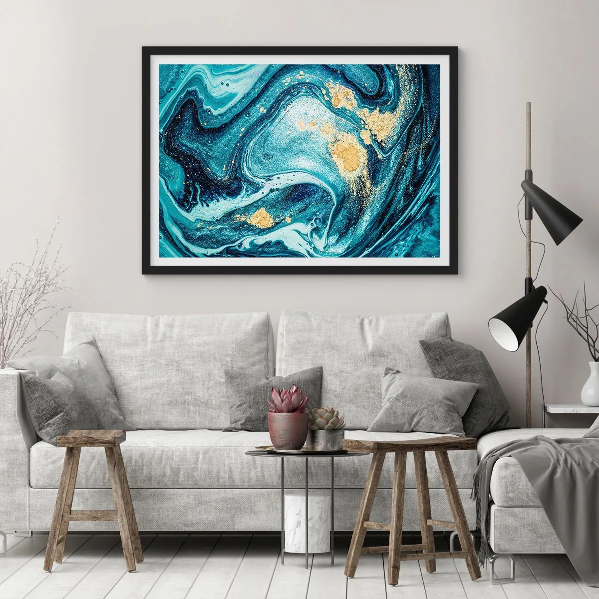 Affiche dans un cadre noir - Poster - Une composition abstraite de vagues et d'accents dorés - 70x50cm - Vortex bleu - Décoration murale moderne pour le salon et la chambre ARTTOR