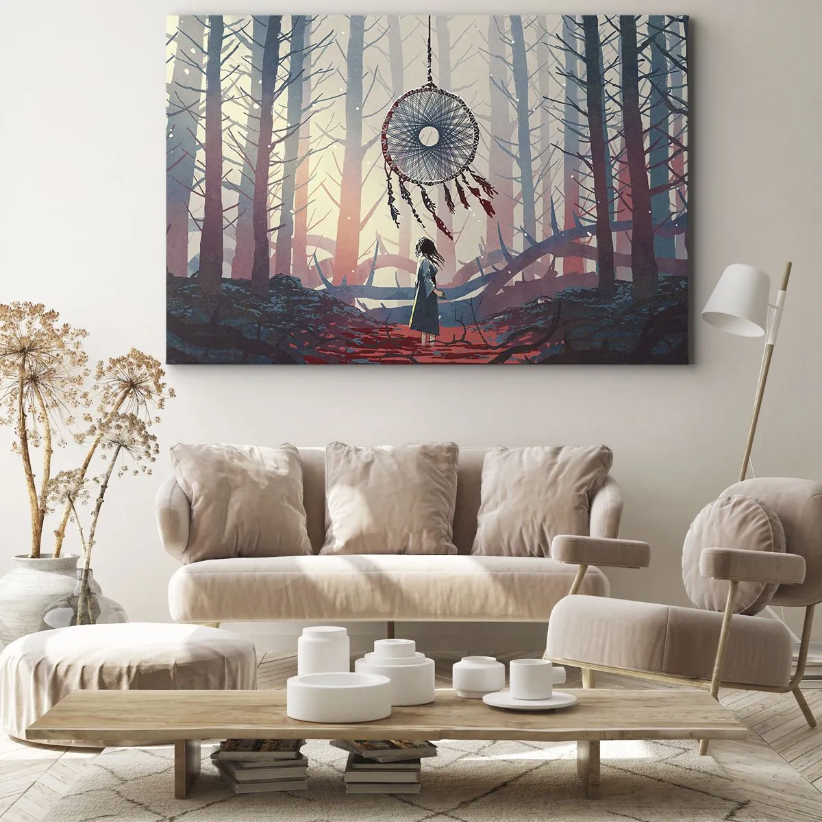 Impression sur toile - Image sur toile - Scène de forêt avec un attrape-rêves géant - 70x50cm - Rituel secret du bonheur - Décoration murale moderne pour le salon et la chambre ARTTOR