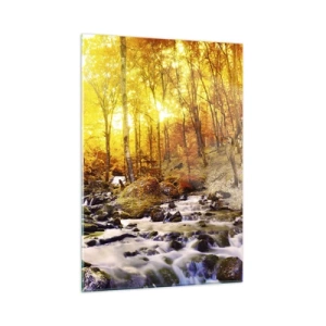 Impression sur verre - Image sur verre - Forêt d'automne avec une rivière dans les rayons de lumière chaude - 50x70cm - Pierres serties d'or et de platine - Décoration murale moderne pour le salon et la chambre ARTTOR