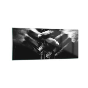 Impression sur verre - Image sur verre - Mains jointes sur une guitare dans un ton monochrome - 120x50cm - Prière d'artiste - Décoration murale moderne pour le salon et la chambre ARTTOR
