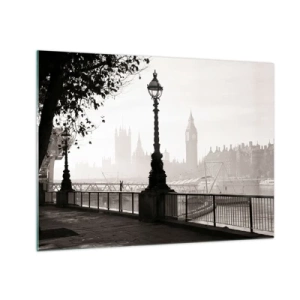 Impression sur verre - Image sur verre - Photographie en noir et blanc de la promenade de Londres avec Big Ben - 70x50cm - Un matin londonien - Décoration murale moderne pour le salon et la chambre ARTTOR