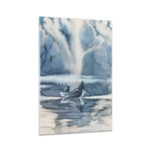 Impression sur verre - Image sur verre - Paysage à l'aquarelle avec des bateaux sur un lac entouré d'une forêt brumeuse - 70x100cm - Les pêcheurs dans leur paradis - Décoration murale moderne pour le salon et la chambre ARTTOR