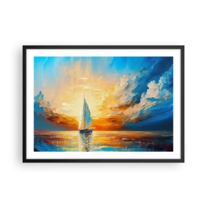 Affiche dans un cadre noir - Poster - Un voilier sur fond de soleil couchant et de nuages colorés - 70x50cm - Expédition en or - Décoration murale moderne pour le salon et la chambre ARTTOR