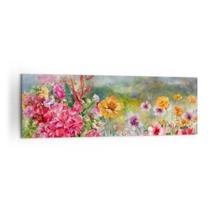 Impression sur toile - Image sur toile - Une composition colorée de fleurs sur un fond de paysage aux couleurs pastel - 160x50cm - Un jardin devenu fou - Décoration murale moderne pour le salon et la chambre ARTTOR
