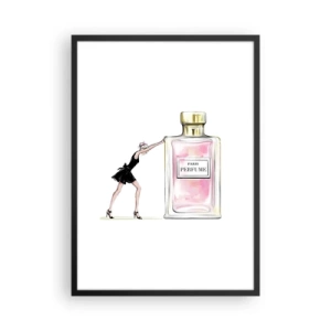 Affiche dans un cadre noir - Poster - Illustration d'un flacon de parfum avec la silhouette d'une femme en robe - 50x70cm - L'essence des femmes - Décoration murale moderne pour le salon et la chambre ARTTOR