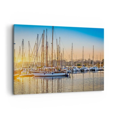 Impression sur toile - Image sur toile - Coucher de soleil sur une marina pleine de voiliers - 100x70cm - Le vent aussi doit dormir - Décoration murale moderne pour le salon et la chambre ARTTOR