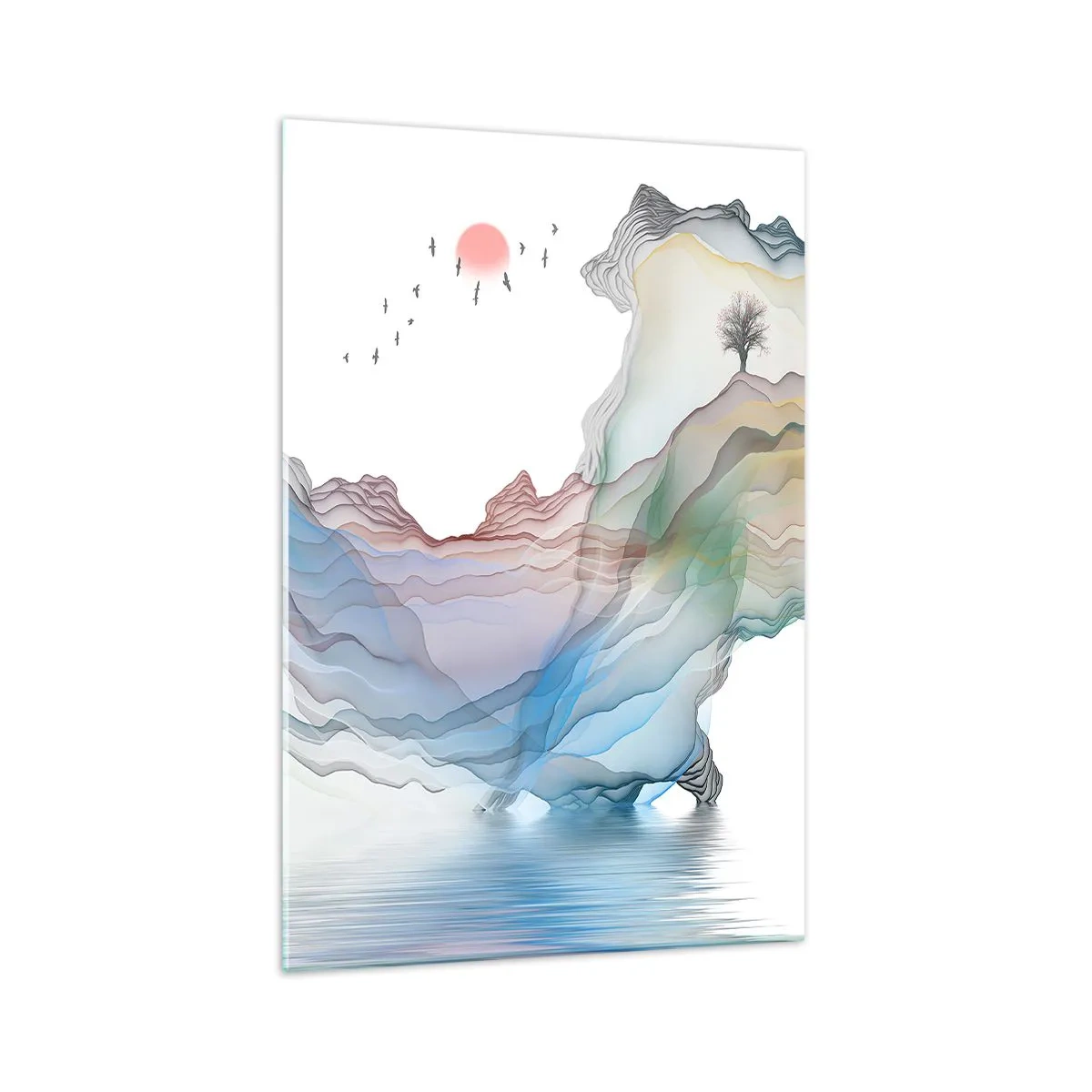 Impression sur verre - Image sur verre - Un paysage subtil avec des montagnes, de l'eau et un bateau - 70x100cm - Vers les montagnes de cristal - Décoration murale moderne pour le salon et la chambre ARTTOR