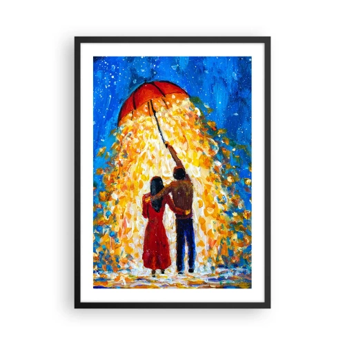 Affiche dans un cadre noir - Poster - Un couple romantique sous un parapluie plein de lumière - 50x70cm - La magie d'une soirée pluvieuse ? - Décoration murale moderne pour le salon et la chambre ARTTOR
