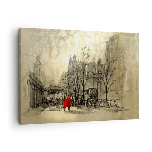 Impression sur toile - Image sur toile - Une figure rouge dans un décor urbain nostalgique - 70x50cm - Rendez-vous dans le brouillard de Londres - Décoration murale moderne pour le salon et la chambre ARTTOR