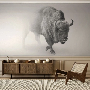 Papier Peint Photo Premium Sand - Une image en noir et blanc d'un bison entouré de brouillard. - 100x70cm - Roi de la prairie - Décoration murale moderne pour le salon et la chambre ARTTOR