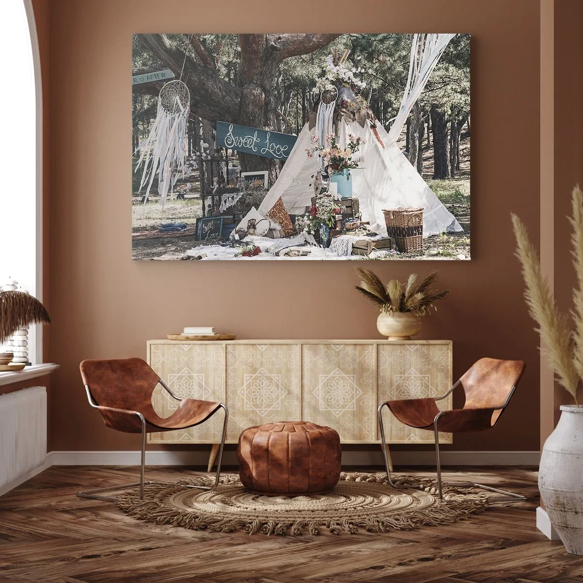 Impression sur toile - Image sur toile - Décoration bohème avec un tipi dans la forêt - 120x80cm - Make love… - Décoration murale moderne pour le salon et la chambre ARTTOR