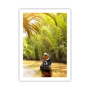 Affiche - Poster - Un bateau traditionnel dans une forêt tropicale de palmiers éclairé par le soleil - 50x70cm - Ravin de palmier - Décoration murale moderne pour le salon et la chambre ARTTOR