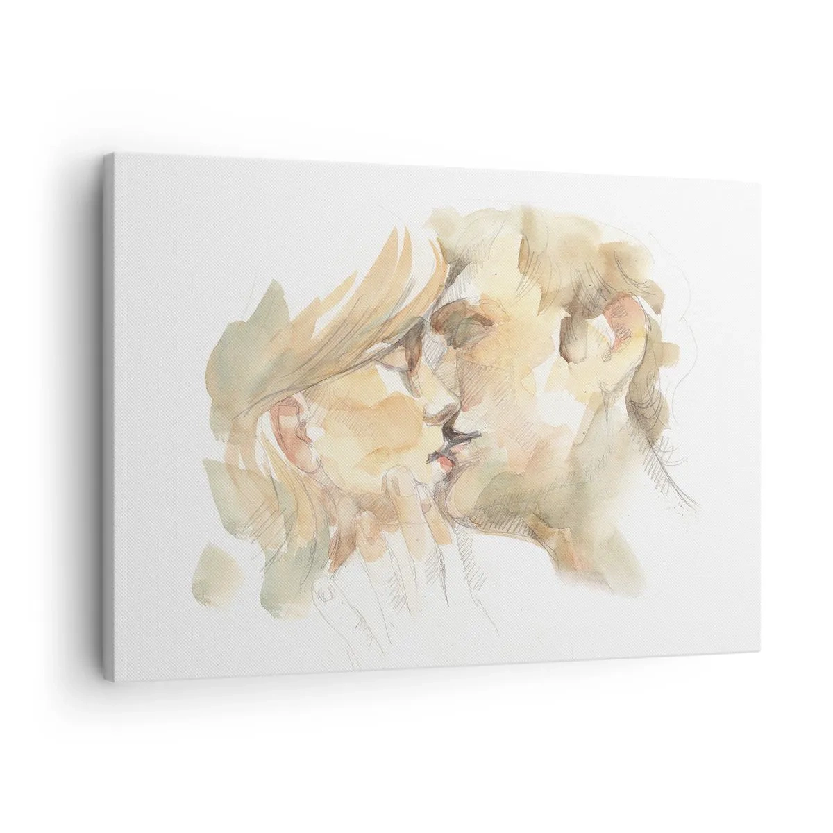 Impression sur toile - Image sur toile - Portrait romantique à l'aquarelle d'un couple s'embrassant - 70x50cm - A moitié trouvé ? - Décoration murale moderne pour le salon et la chambre ARTTOR