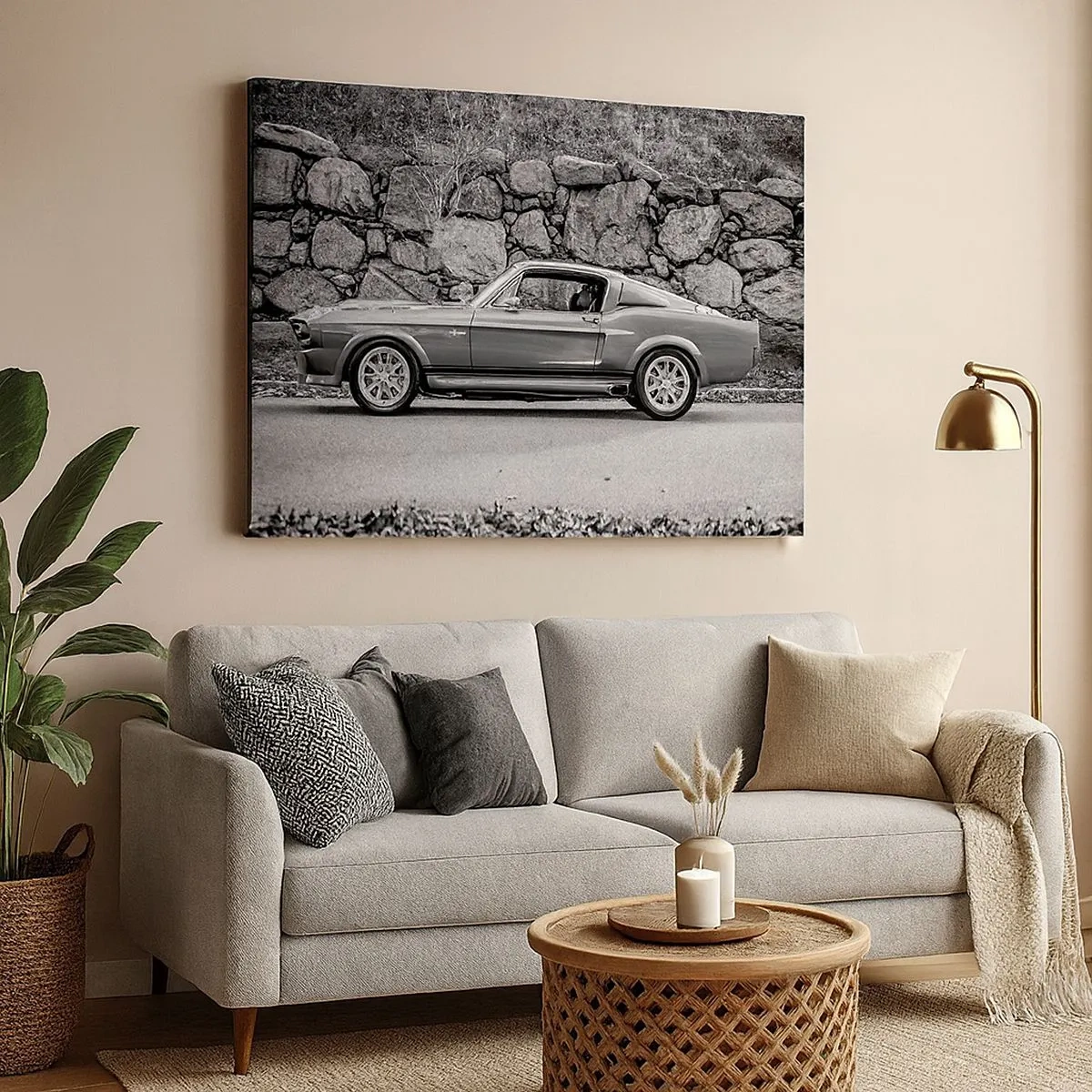 Impression sur toile - Image sur toile - Photo en noir et blanc d'une voiture classique - 70x50cm - Légende des années 60 - Décoration murale moderne pour le salon et la chambre ARTTOR