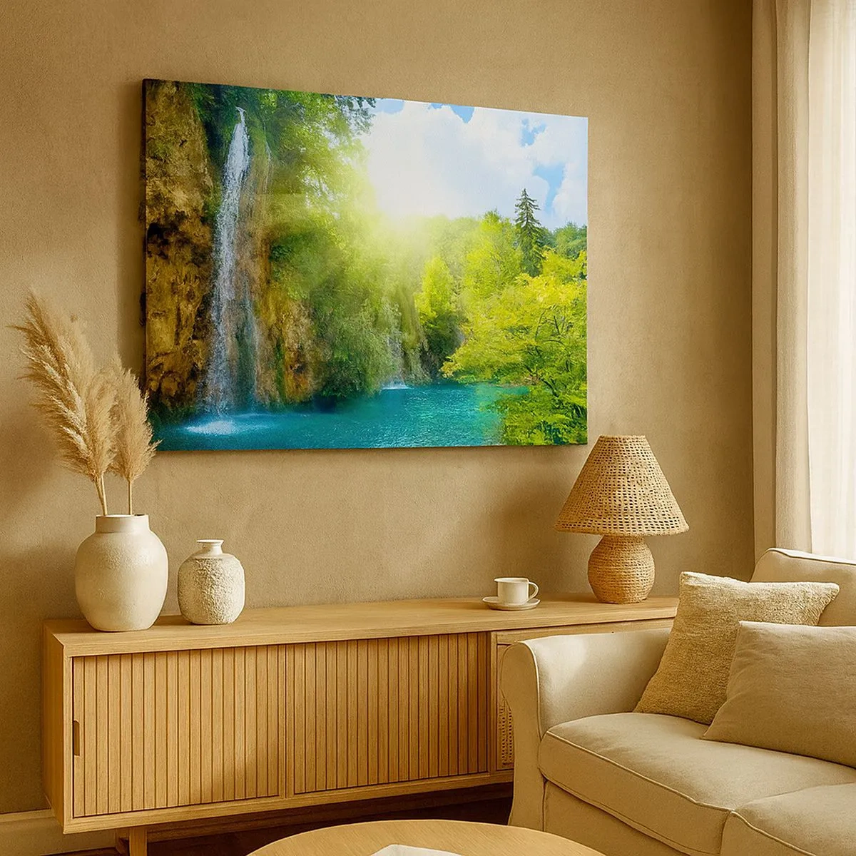Impression sur toile - Image sur toile - Une cascade se jetant dans un lac turquoise entouré de verdure - 70x50cm - Ce doit être le paradis ici - Décoration murale moderne pour le salon et la chambre ARTTOR