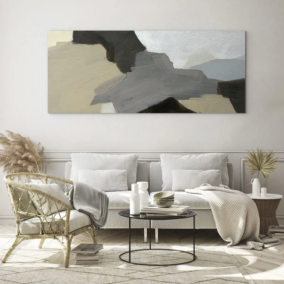 Impression sur verre - Image sur verre - Formes abstraites dans les tons beige, marron et gris - 140x50cm - Abstraction : le carrefour du gris - Décoration murale moderne pour le salon et la chambre ARTTOR