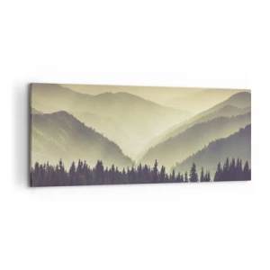 Impression sur toile - Image sur toile - Des chaînes de montagnes pittoresques enveloppées de brume dans une lumière chaude - 120x50cm - Derrière les sept montagnes… - Décoration murale moderne pour le salon et la chambre ARTTOR