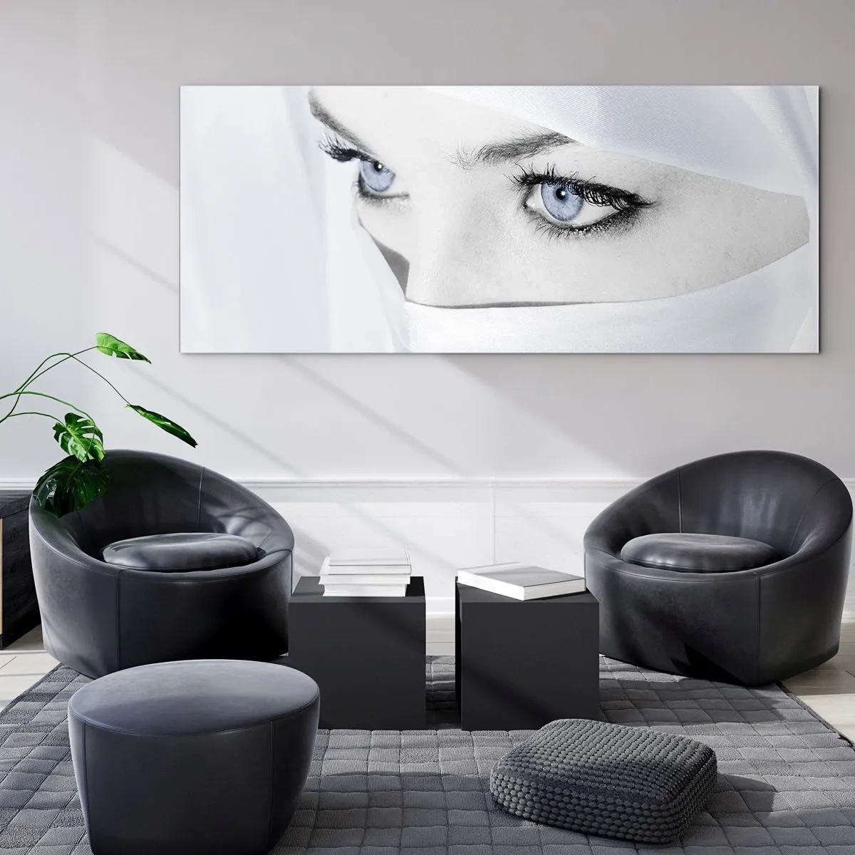 Impression sur verre - Image sur verre - Portrait d'une femme aux yeux bleus cachés derrière un voile blanc - 120x50cm - Directement des mille et une nuits - Décoration murale moderne pour le salon et la chambre ARTTOR
