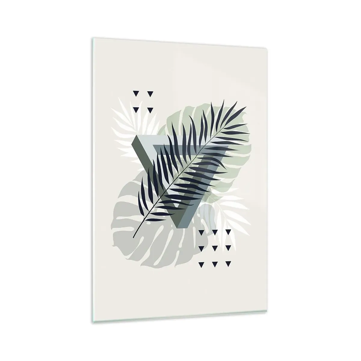 Impression sur verre - Image sur verre - Composition géométrique avec des feuilles tropicales dans des tons verts - 80x120cm - Nature et géométrie - deux odres? - Décoration murale moderne pour le salon et la chambre ARTTOR