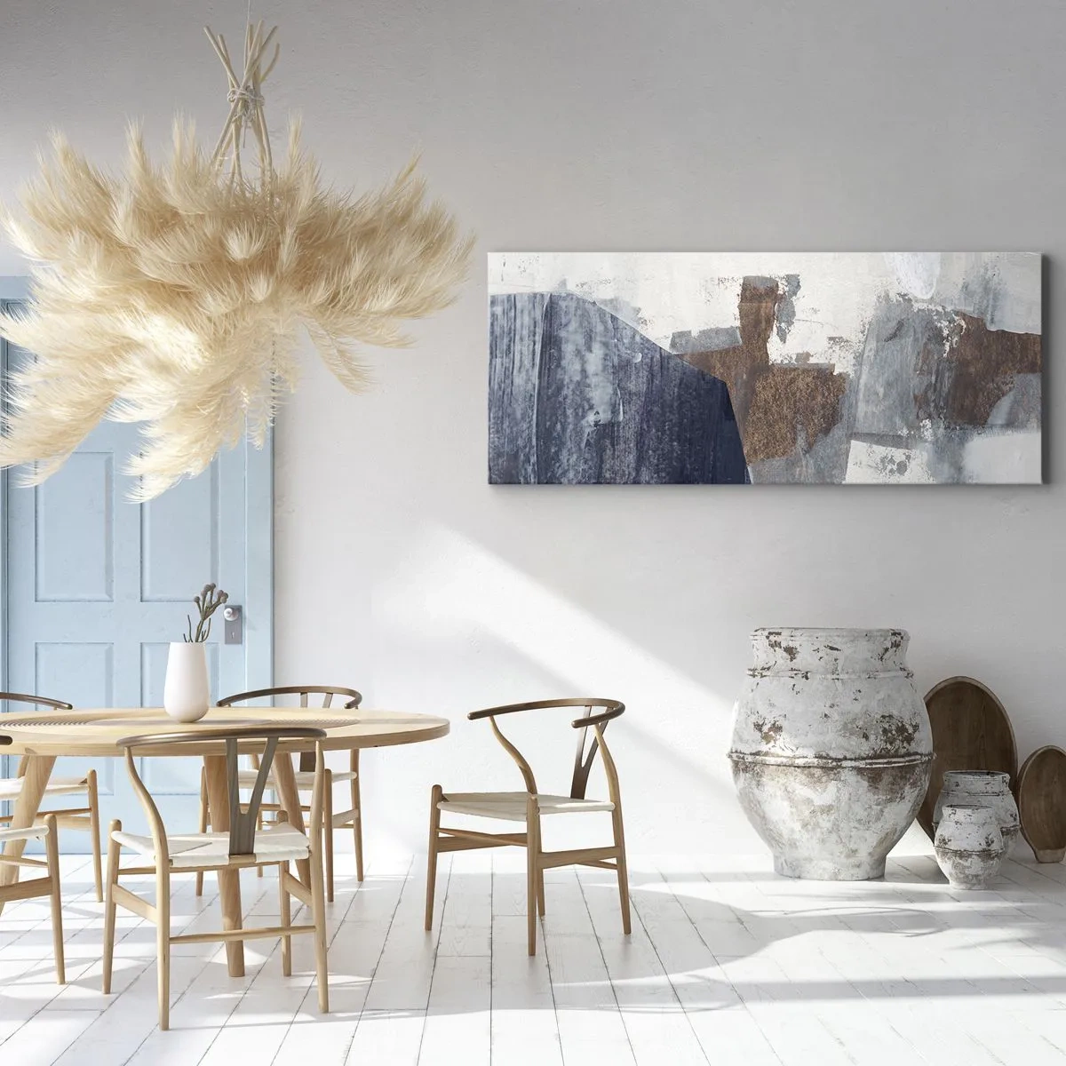 Impression sur toile - Image sur toile - Formes abstraites dans des tons de bleu et de marron - 140x50cm - Formes bleues et brunes - Décoration murale moderne pour le salon et la chambre ARTTOR