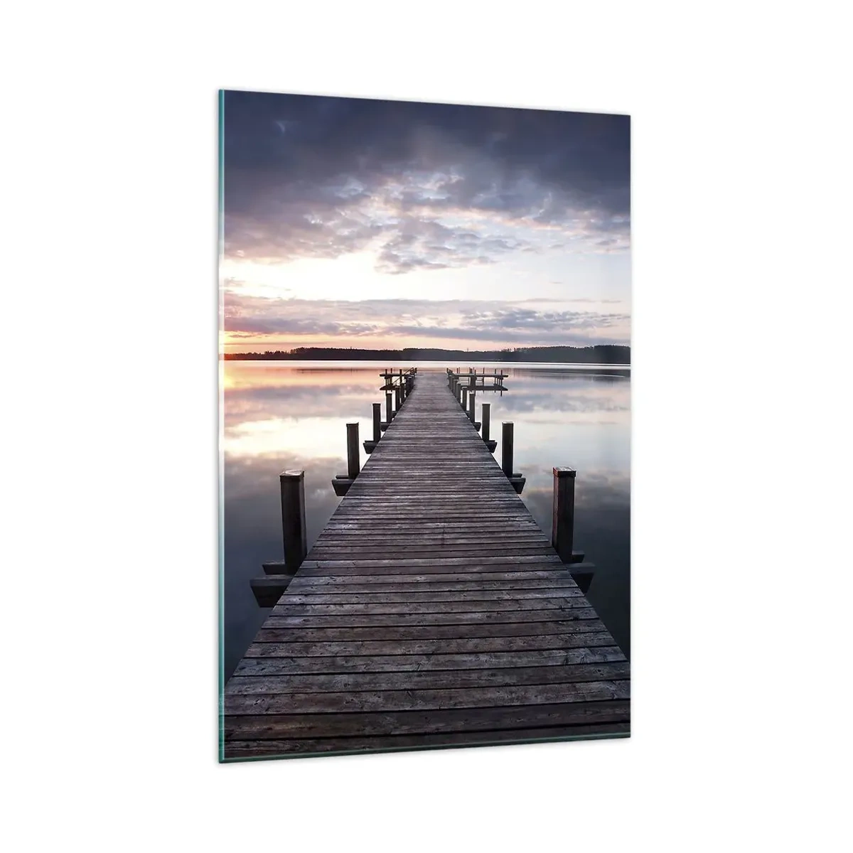 Impression sur verre - Image sur verre - Une jetée sur un lac au coucher du soleil dans un paysage paisible - 80x120cm - Une frontière tranquille entre le jour et la nuit - Décoration murale moderne pour le salon et la chambre ARTTOR