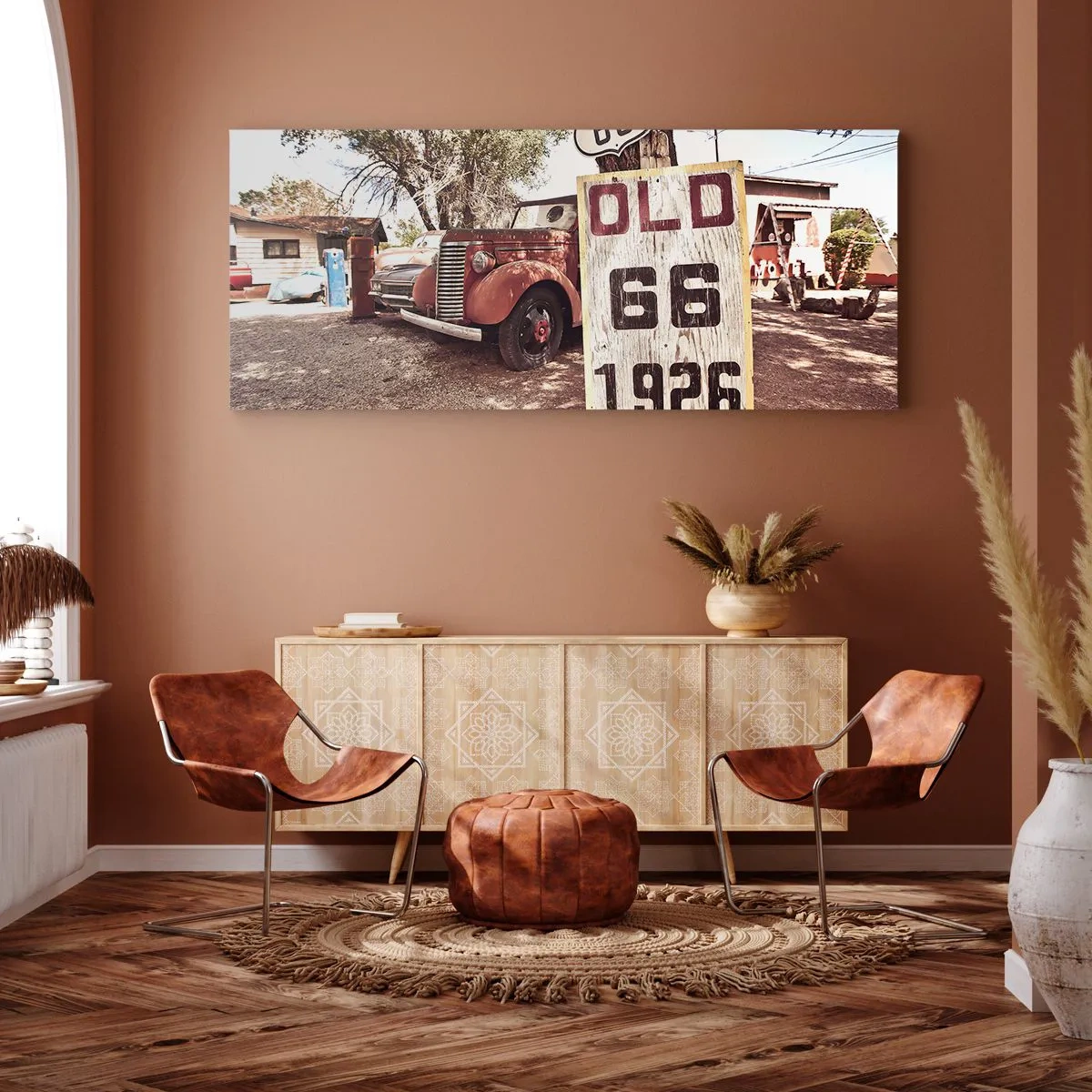 Impression sur toile - Image sur toile - Voiture rétro et panneau Route 66 dans un cadre rustique - 160x50cm - La légende de la province américaine - Décoration murale moderne pour le salon et la chambre ARTTOR