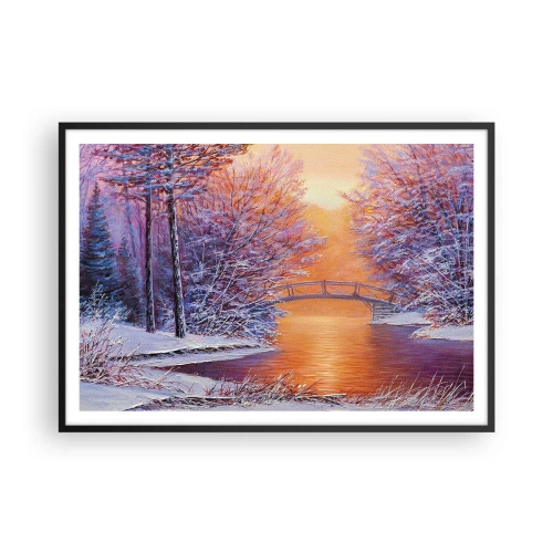 Affiche dans un cadre noir - Poster - Paysage d'hiver avec un pont et un coucher de soleil - 100x70cm - On se rencontre ici - Décoration murale moderne pour le salon et la chambre ARTTOR