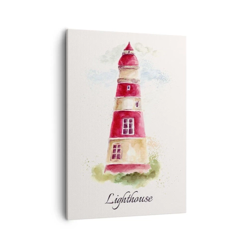 Impression sur toile - Image sur toile - Une aquarelle représentant un phare sur fond clair avec une inscription - 50x70cm - Il y a toujours beau temps autour - Décoration murale moderne pour le salon et la chambre ARTTOR