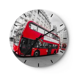 Horloge murale - Pendule murale - Un bus rouge à Londres avec des bâtiments historiques en arrière-plan - 30x30cm - Londres traditionnellement - en bus - Décoration murale moderne pour le salon, la cuisine et la chambre ARTTOR