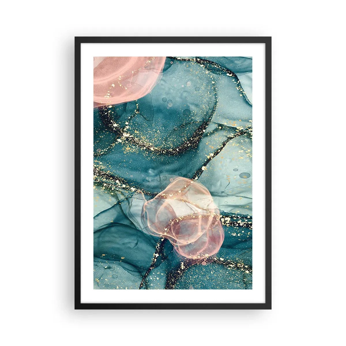 Affiche dans un cadre noir - Poster - Une composition abstraite dans des tons turquoise et or. - 50x70cm - Soie bleu, tulle rose - Décoration murale moderne pour le salon et la chambre ARTTOR