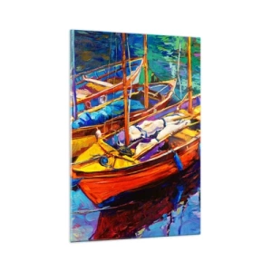 Impression sur verre - Image sur verre - Bateaux colorés sur une eau calme - 70x100cm - Sur l'eau épaisse de couleurs - Décoration murale moderne pour le salon et la chambre ARTTOR