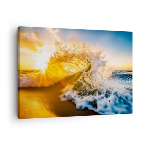 Impression sur toile - Image sur toile - Une vague dorée sur fond de soleil couchant - 70x50cm - S'amuser dans le sable - Décoration murale moderne pour le salon et la chambre ARTTOR