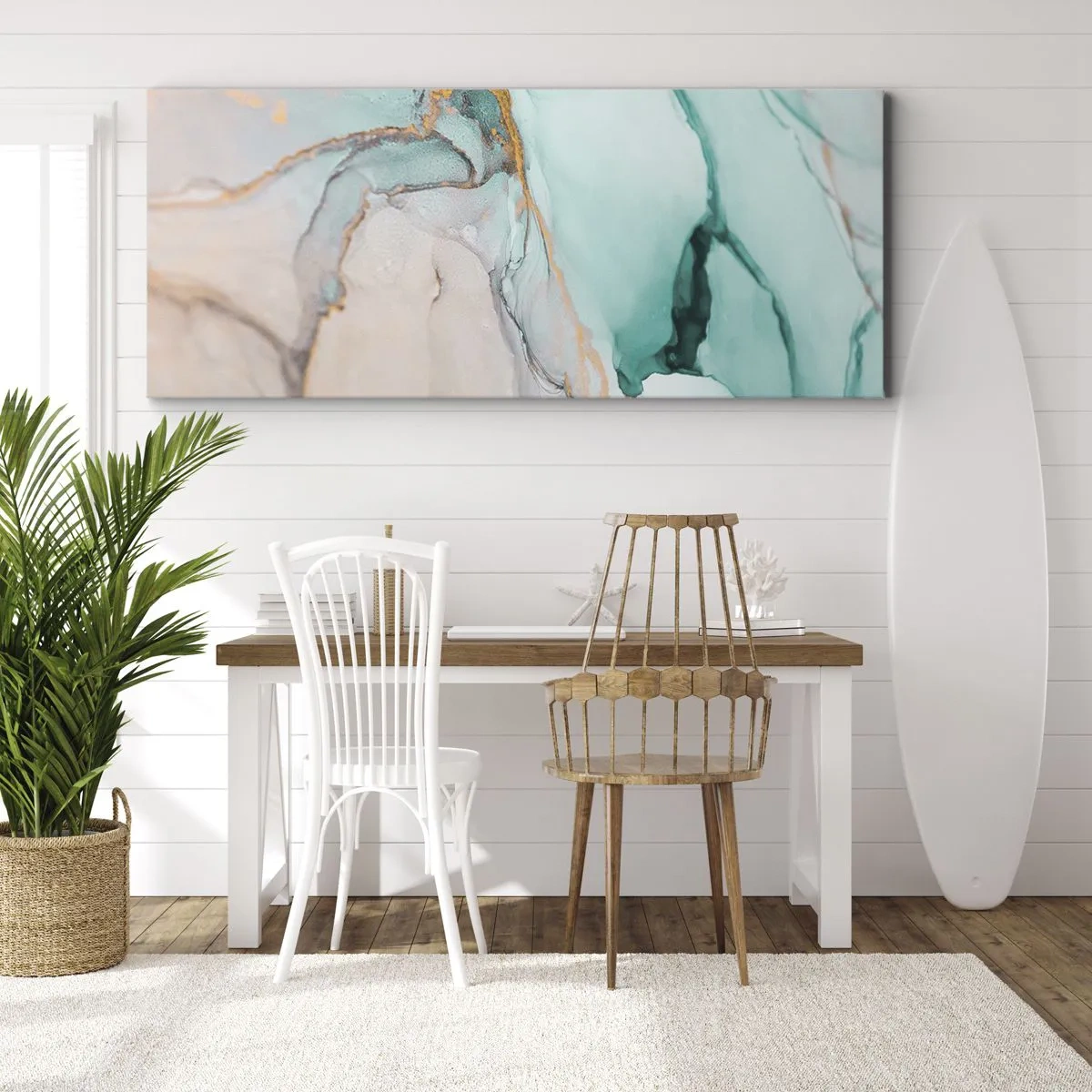 Impression sur toile - Image sur toile - Une composition abstraite dans des tons turquoise et or. - 140x50cm - Danse des formes et des couleurs - Décoration murale moderne pour le salon et la chambre ARTTOR