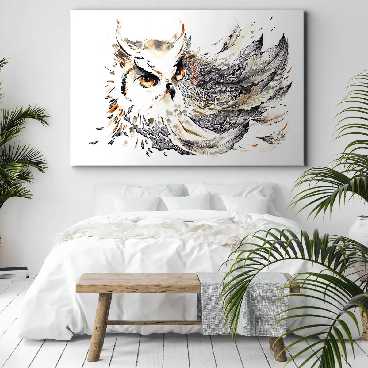 Impression sur toile - Image sur toile - Un hibou aux plumes mystiques sous forme d'aquarelle artistique - 70x50cm - Elle vient du monde de la magie - Décoration murale moderne pour le salon et la chambre ARTTOR
