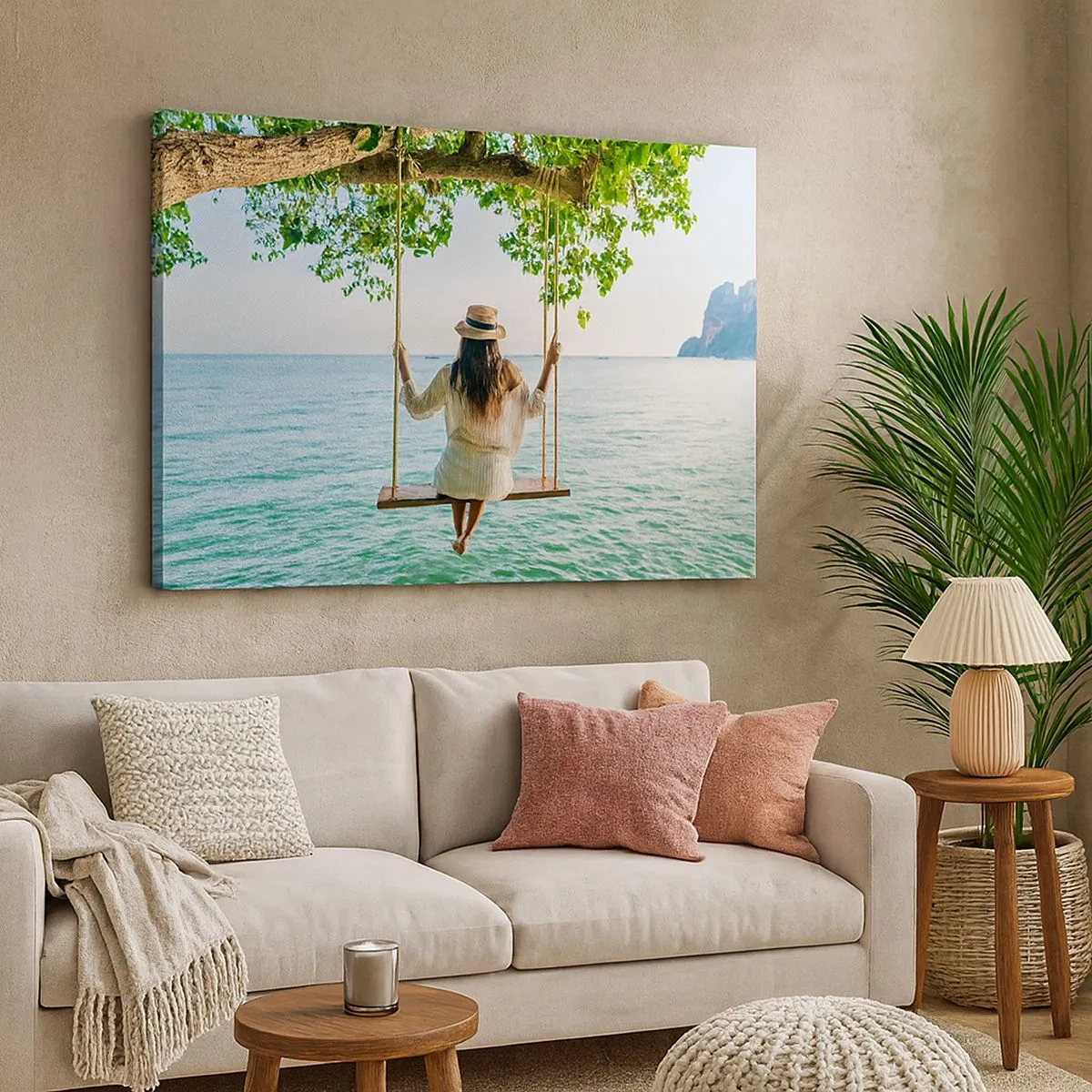 Impression sur toile - Image sur toile - Femme sur une balançoire au bord de la mer dans un paysage tropical - 70x50cm - La vie est belle - Décoration murale moderne pour le salon et la chambre ARTTOR