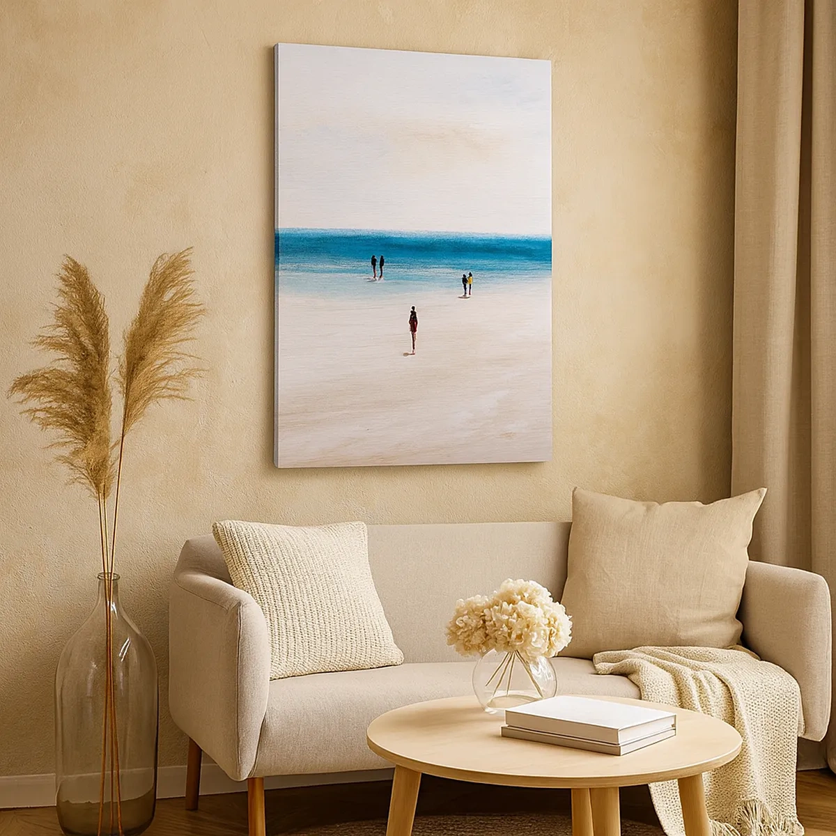 Impression sur toile - Image sur toile - Une plage avec des gens sur fond de mer calme - 50x70cm - Un besoin naturel - Décoration murale moderne pour le salon et la chambre ARTTOR