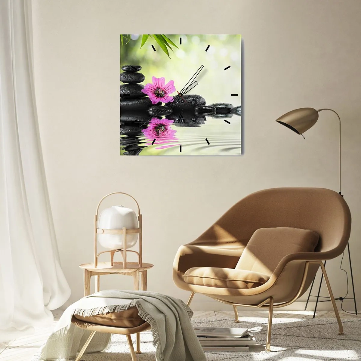 Horloge murale - Pendule murale - Des pierres zen et une fleur rose se reflétant dans l'eau - 30x30cm - Temps pour l'âme - Décoration murale moderne pour le salon et la chambre ARTTOR