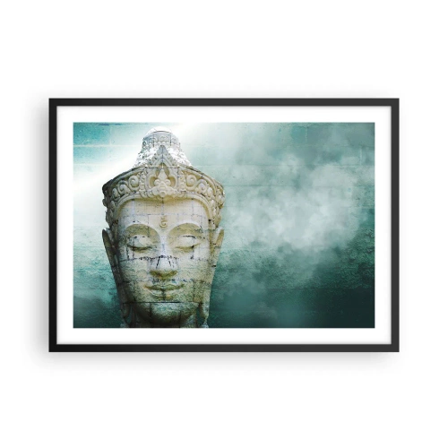 Affiche dans un cadre noir - Poster - Statue de Bouddha avec une douce brume sur un fond vert - 70x50cm - A la recherche de la lumière - Décoration murale moderne pour le salon et la chambre ARTTOR