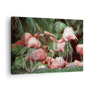 Impression sur toile - Image sur toile - Un groupe de flamants roses dans un cadre tropical entouré de palmiers - 70x50cm - Potins d'après-midi - Décoration murale moderne pour le salon et la chambre ARTTOR