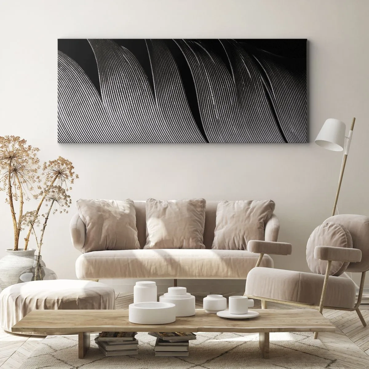 Impression sur toile - Image sur toile - Texture de plumes noires et blanches dans un style minimaliste - 120x50cm - La plume – un design magnifique - Décoration murale moderne pour le salon et la chambre ARTTOR