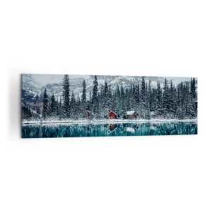Impression sur toile - Image sur toile - Paysage d'hiver avec des chalets dans la forêt au bord d'un lac gelé - 160x50cm - Retraite canadienne - Décoration murale moderne pour le salon et la chambre ARTTOR
