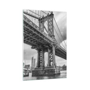 Impression sur verre - Image sur verre - Un pont en noir et blanc avec vue sur la ville - 80x120cm - Au coeur de la ville - Décoration murale moderne pour le salon et la chambre ARTTOR