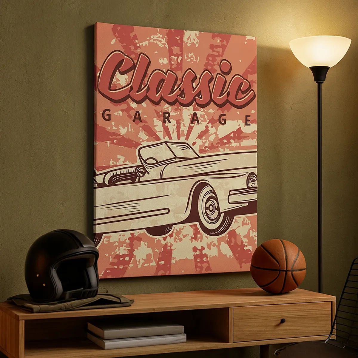 Impression sur toile - Image sur toile - Affiche rétro avec une voiture classique et les mots Classic Garage - 50x70cm - Et à la radio, Elvis - Décoration murale moderne pour le salon et la chambre ARTTOR