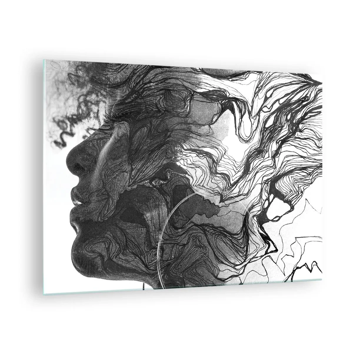 Impression sur verre - Image sur verre - Silhouette noire et blanche d'une femme avec des lignes abstraites - 70x50cm - Emmêlé dans les rêves - Décoration murale moderne pour le salon et la chambre ARTTOR