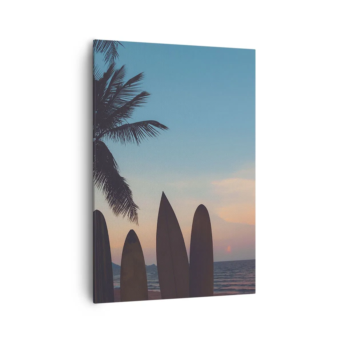 Impression sur toile - Image sur toile - Planches de surf sur fond de palmier et de coucher de soleil - 70x100cm - Demain sera amusant aussi - Décoration murale moderne pour le salon et la chambre ARTTOR