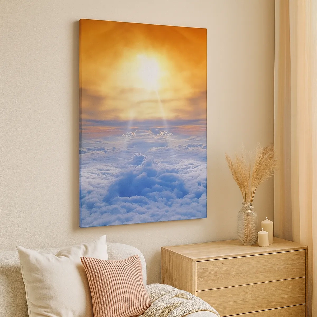 Impression sur toile - Image sur toile - Coucher de soleil au dessus des nuages, le ciel plein de couleurs dorées et de lumière. - 50x70cm - Paysage mystique - Décoration murale moderne pour le salon et la chambre ARTTOR