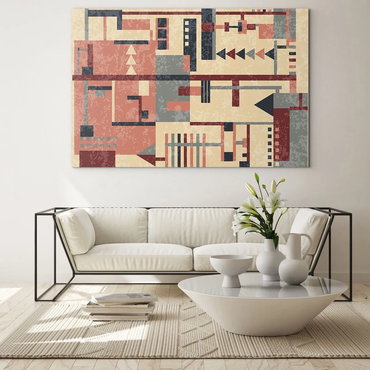 Impression sur verre - Image sur verre - Motif géométrique abstrait dans les tons beige et rouge - 120x80cm - Une combinaison de verticaux et d'horizontaux - Décoration murale moderne pour le salon et la chambre ARTTOR