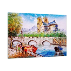 Impression sur verre - Image sur verre - Pont et bateaux sur fond de cathédrale historique - 120x80cm - Leur temps ne passe jamais - Décoration murale moderne pour le salon et la chambre ARTTOR